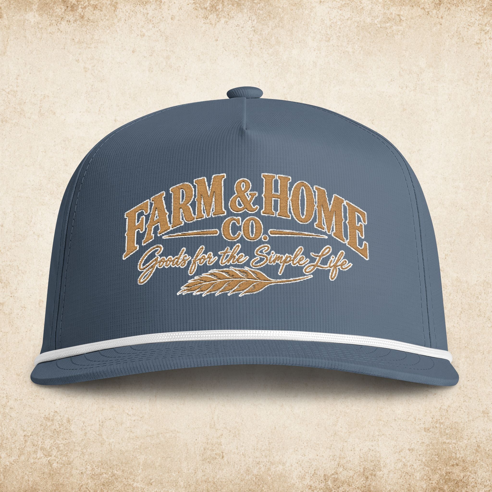 Farmer’s Sunwashed Rope Cap — "Farm & Home Co." Vintage Embroidered Trucker Hat
