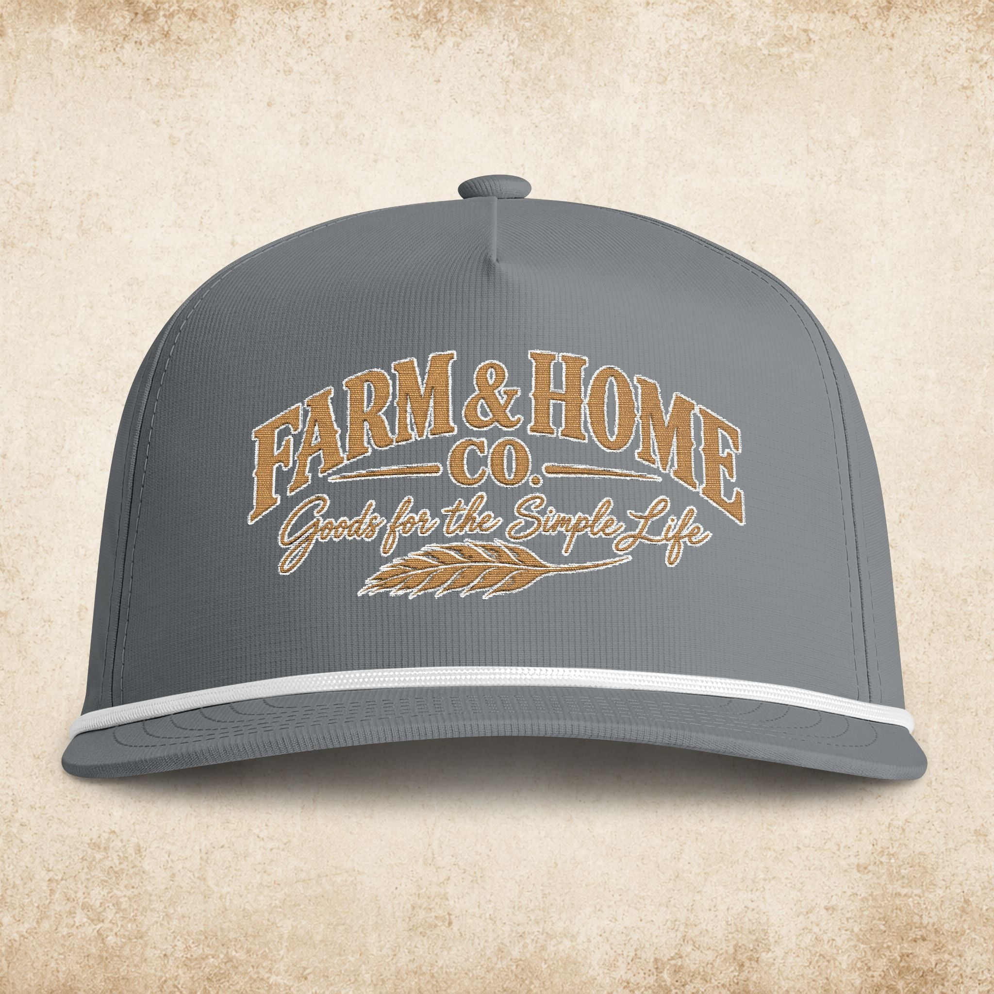 Farmer’s Sunwashed Rope Cap — "Farm & Home Co." Vintage Embroidered Trucker Hat