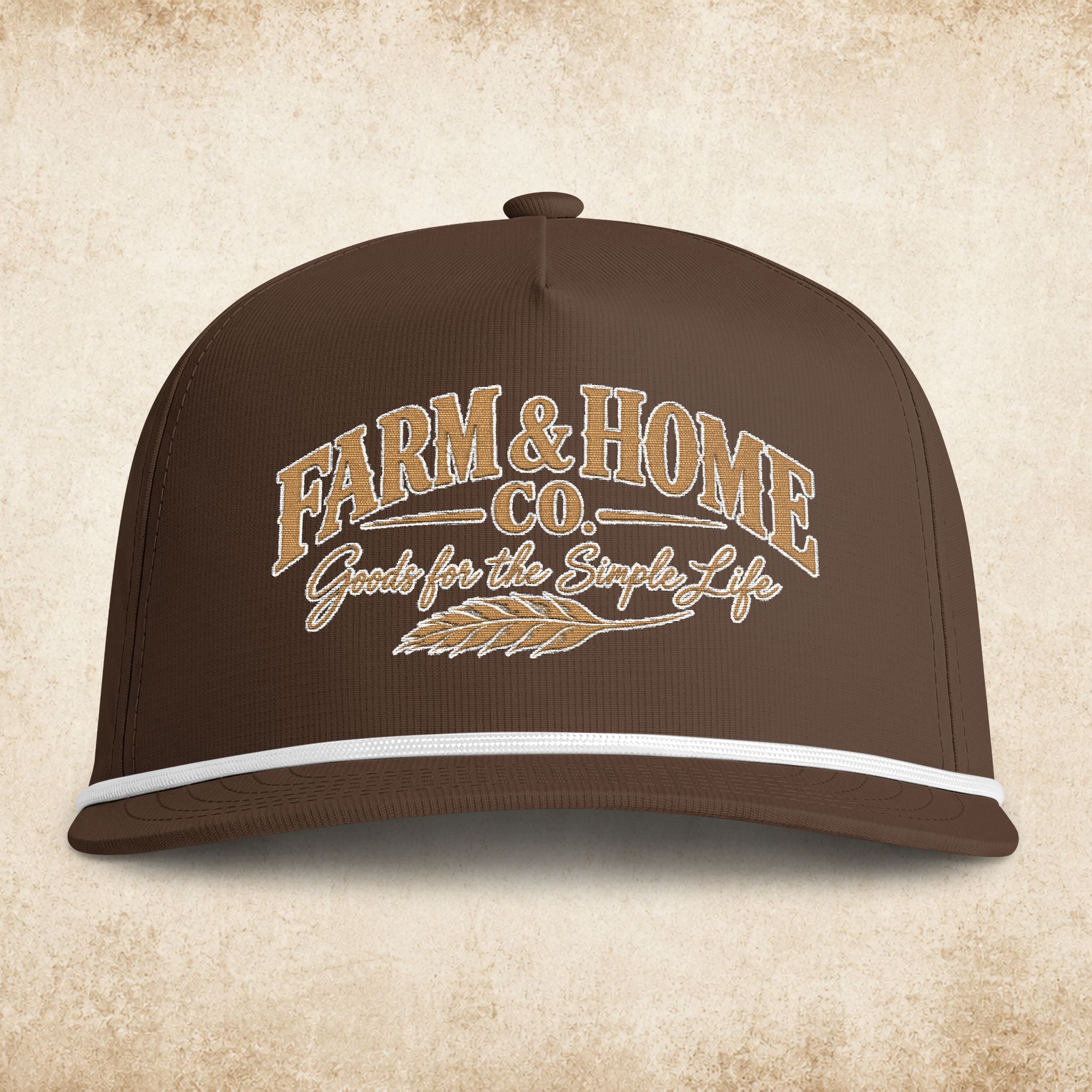 Farmer’s Sunwashed Rope Cap — "Farm & Home Co." Vintage Embroidered Trucker Hat