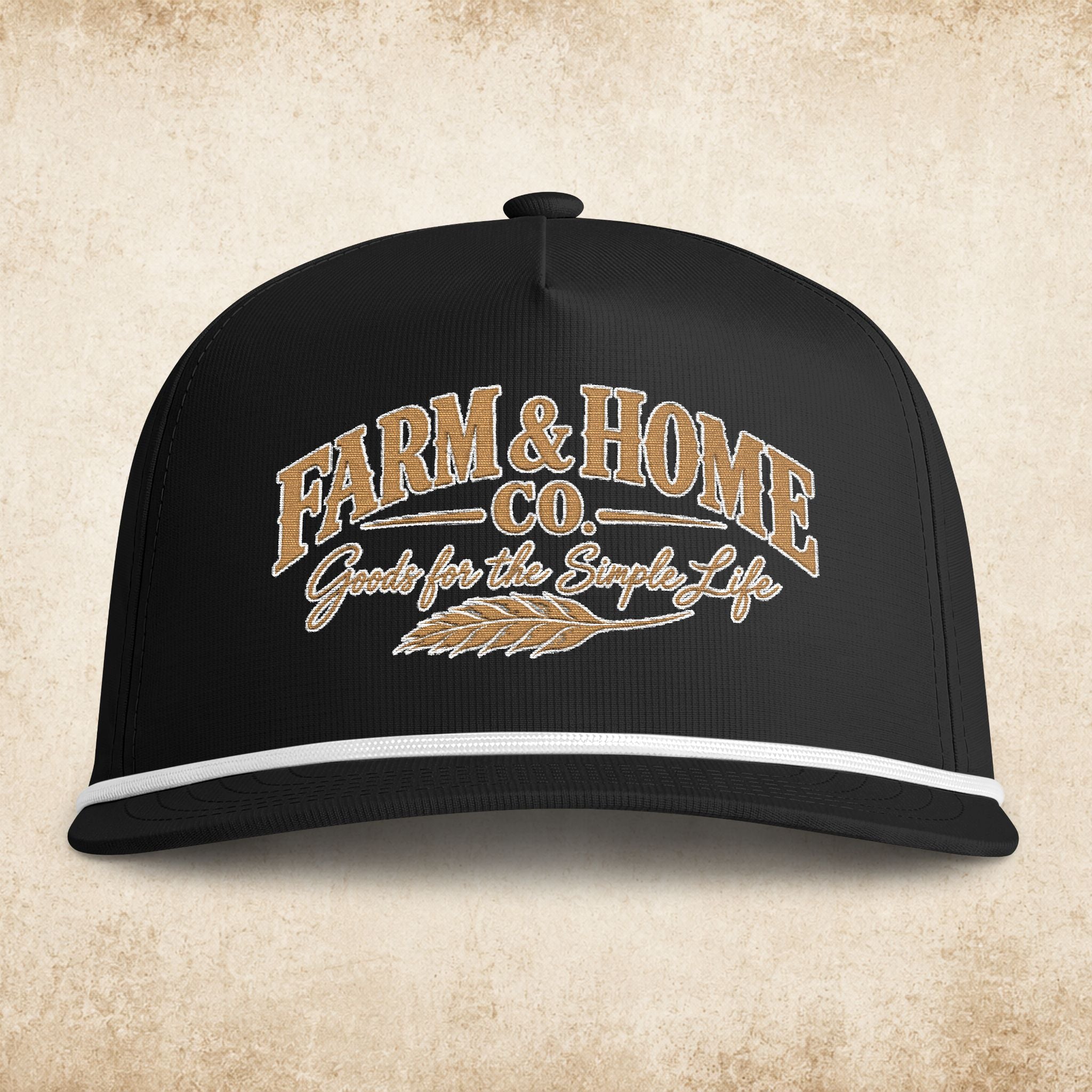 Farmer’s Sunwashed Rope Cap — "Farm & Home Co." Vintage Embroidered Trucker Hat