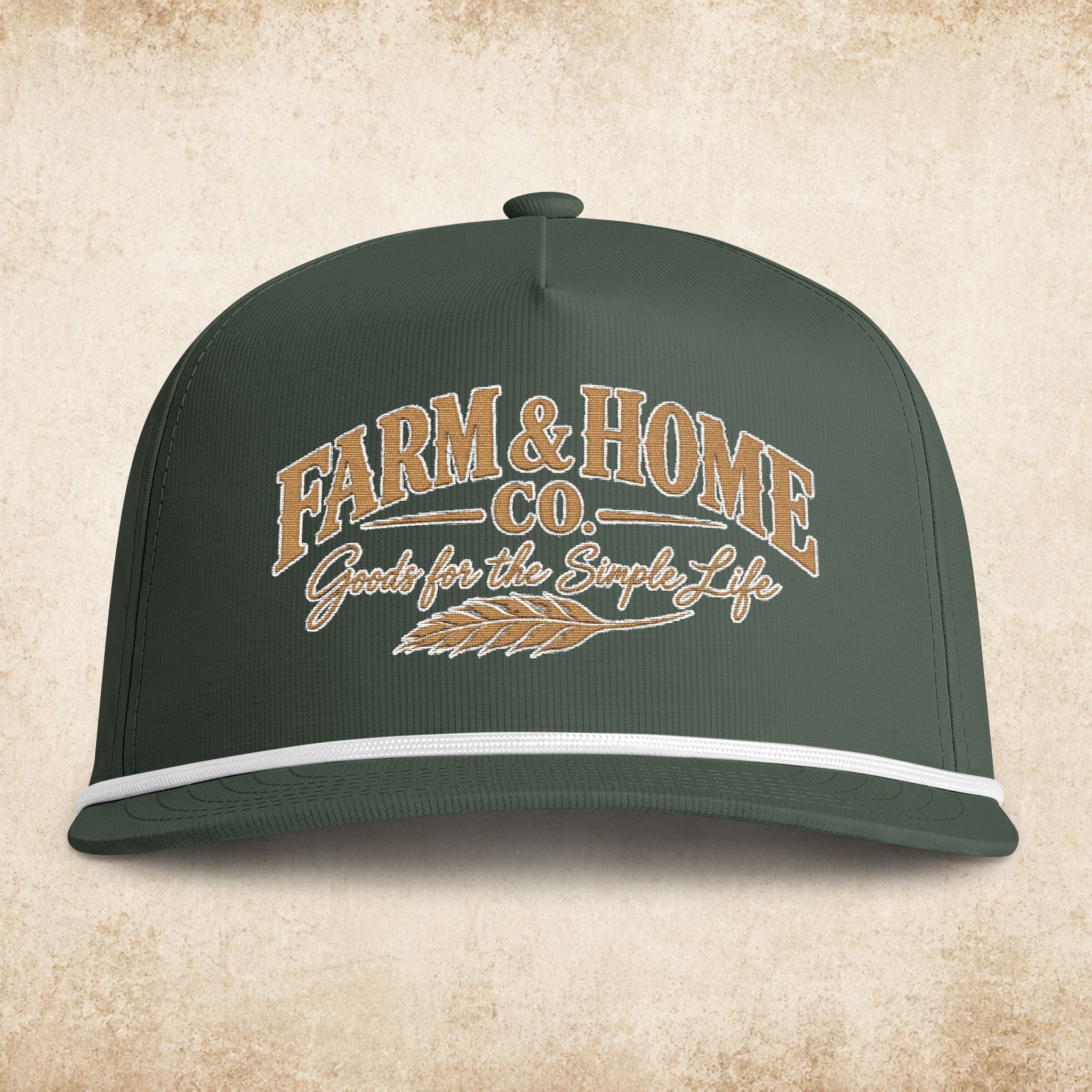 Farmer’s Sunwashed Rope Cap — "Farm & Home Co." Vintage Embroidered Trucker Hat
